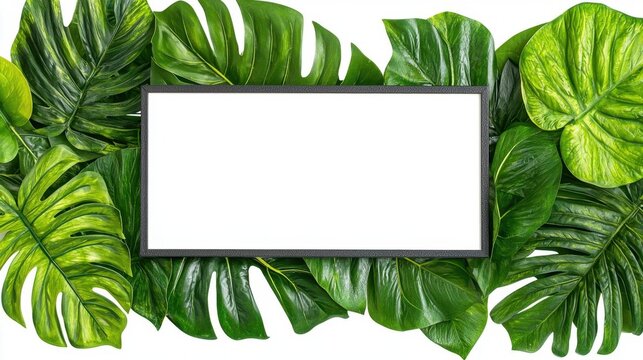 A photostock of a tropical leaf border with green palm leaves arranged in a rectangular frame on isolated on transparent PNG background, High Quality.