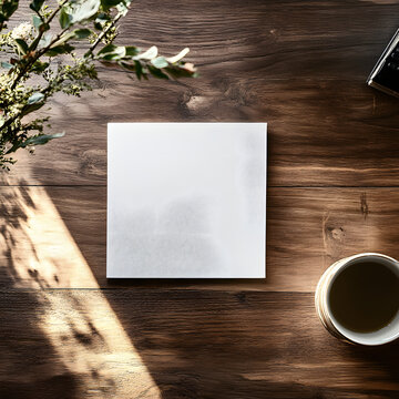 Fototapeta top view, square white cardboard on the table, photorealism, minimalism, warm daylight