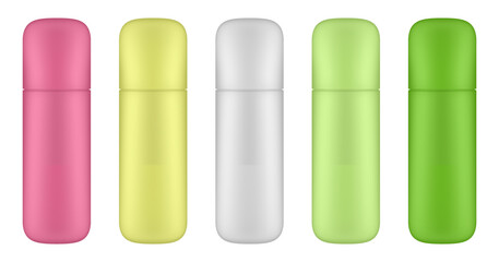 Set of cosmetic bottles for lotion or body milk. Pink, yellow, white and green bottles. Cream, shampoo, shower gel or body lotion