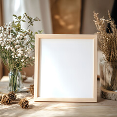 square photo frame mockup, horizontal position resting on a table decorated for a wedding