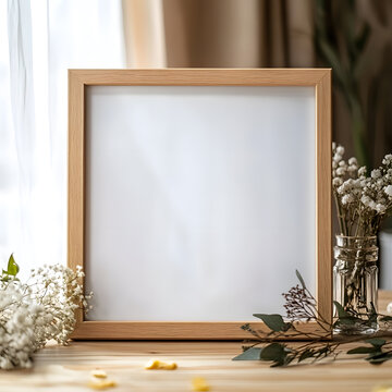 square photo frame mockup, horizontal position resting on a table decorated for a wedding