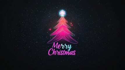 A minimalistic Christmas tree icon with a glowing gradient from neon pink to electric blue, set against a black background, featuring the words "Merry Christmas" in glowing typography