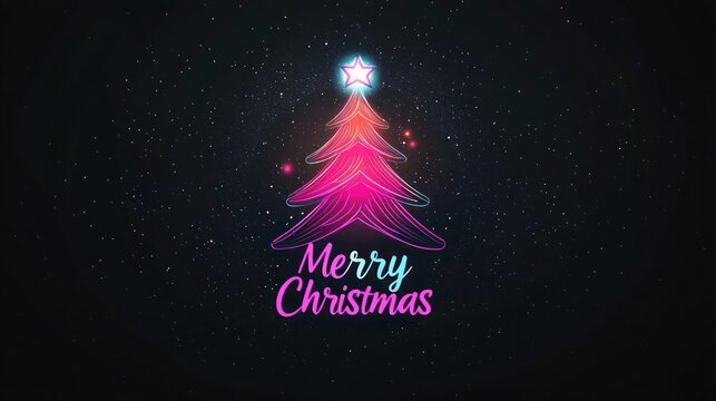 A minimalistic Christmas tree icon with a glowing gradient from neon pink to electric blue, set against a black background, featuring the words "Merry Christmas" in glowing typography