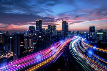 Obraz premium Glowing Light Trails Envelop Smart City with Big Data Connectivity