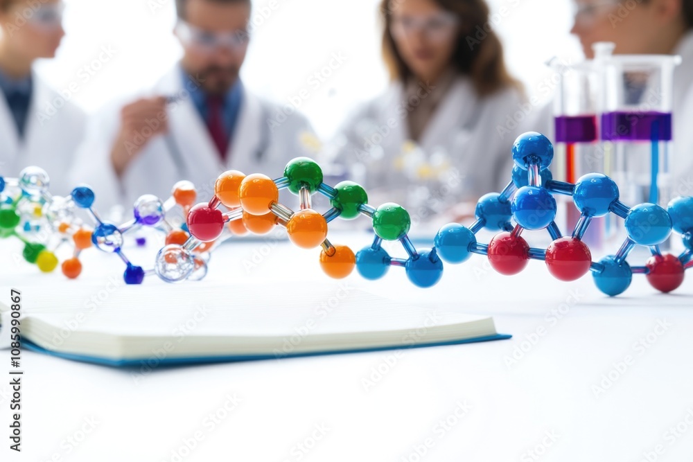 Poster group of scientists in lab coats working together on a science project, with various equipment and m