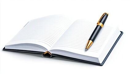 A photostock of an open diary with blank pages and a pen on isolated on transparent PNG background, High Quality.
