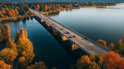 Z góry widać betonowy most, łączący brzegi szerokiego zbiornika wodnego. Samochody...