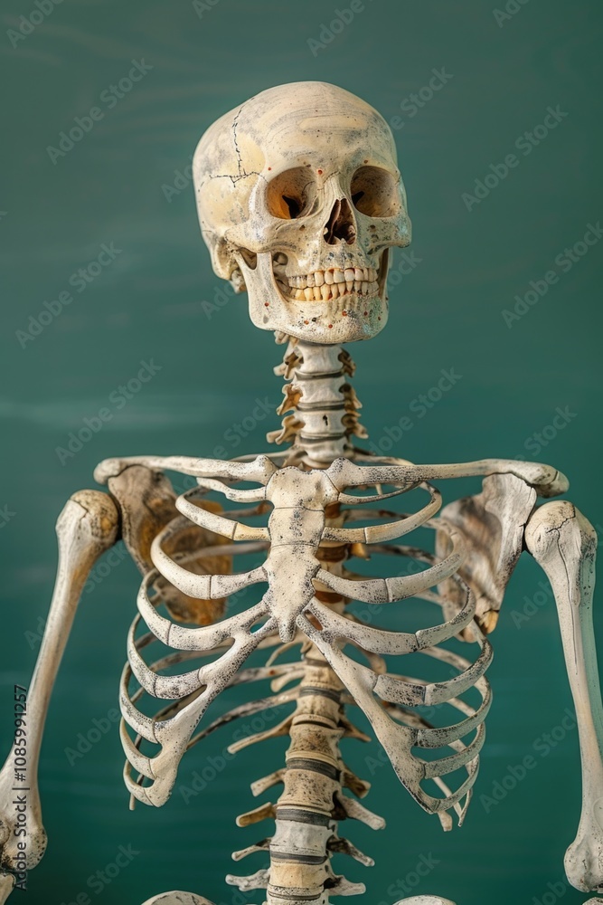 Poster a single skeleton sits in front of a bright green background, simple and eerie