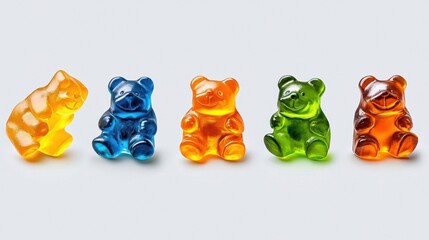 A photostock of assorted gummy bears in bright colors on isolated on transparent PNG background, High Quality.