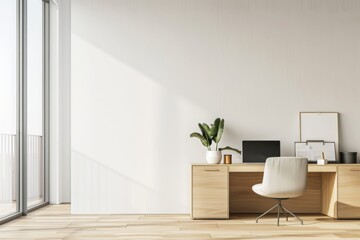 Mock-up Wall in Modern Office Interior with Laptop on Work Desk