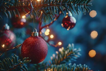 A bright red ornament hangs from the branches of a decorated Christmas tree