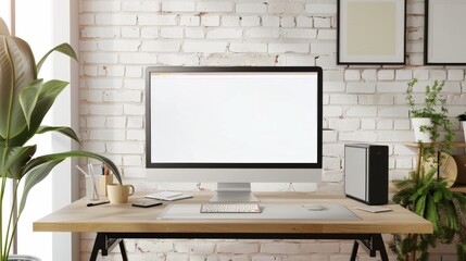 Obraz premium White Rustic Brick Wall Background in Contemporary Home Office