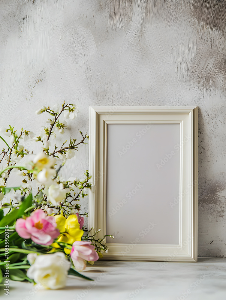 Wall mural horizontal photo frame mockup lays on the table with spring flowers