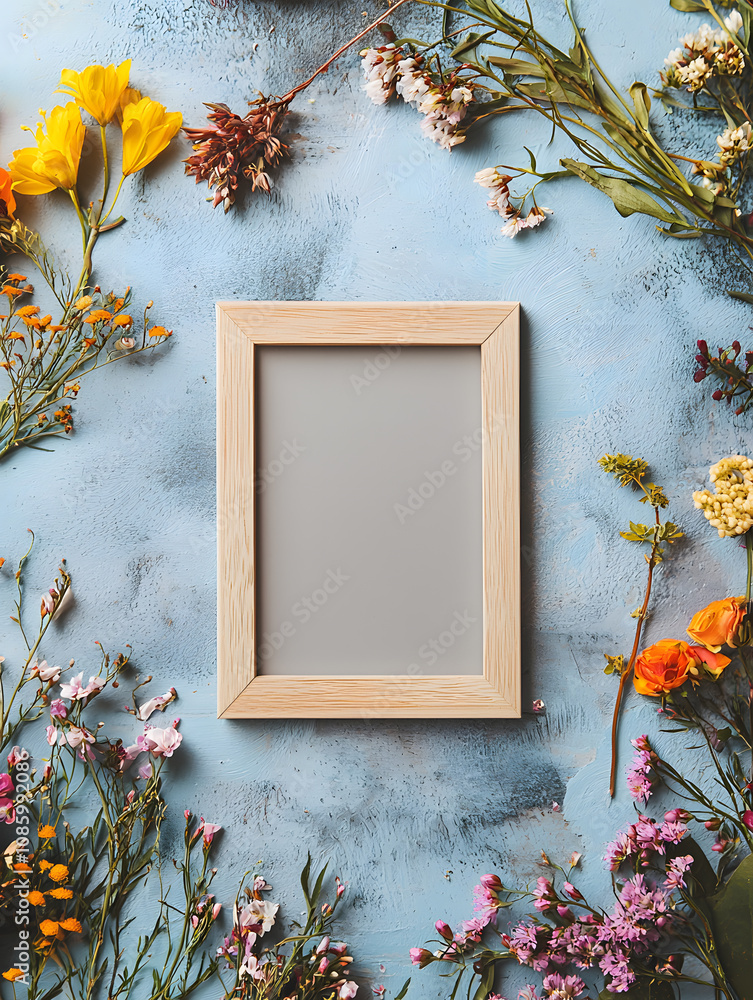 Wall mural horizontal photo frame mockup lays on the table with spring flowers