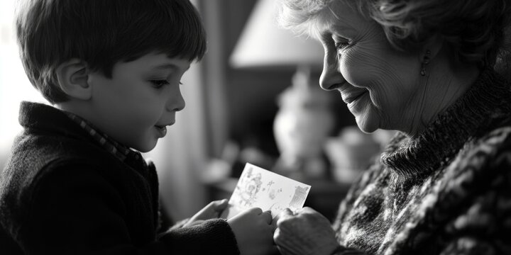 An older woman holds a card while a young boy looks on, suggesting a story of connection or shared experience