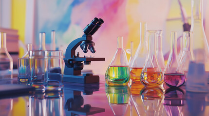 Mikroskop i zestaw szklanych naczyń wypełnionych płynami w żywych kolorach znajdują się na połyskującej powierzchni w nowoczesnym laboratorium.