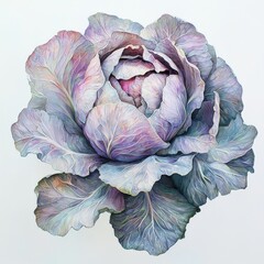 Obraz premium A beautifully detailed illustration of a multi-colored cabbage, showcasing intricate leaves and soft hues against a plain background.