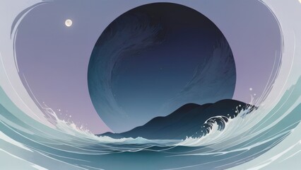 Abstract ocean wave with celestial moon and surreal dark sphere in minimalist night seascape.