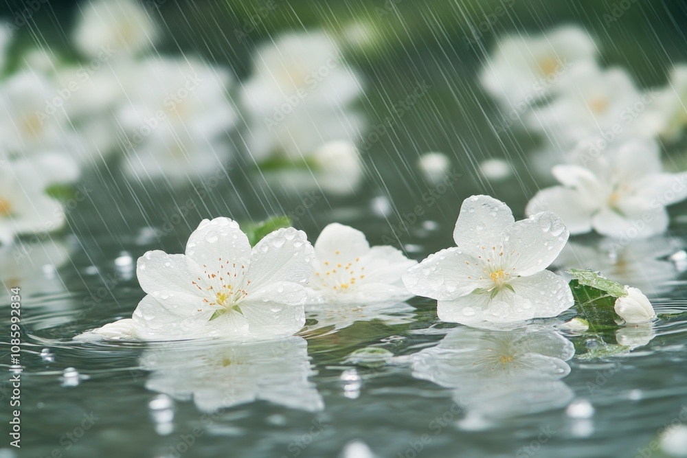 Poster a serene scene with white flowers floating on the surface of a calm body of water
