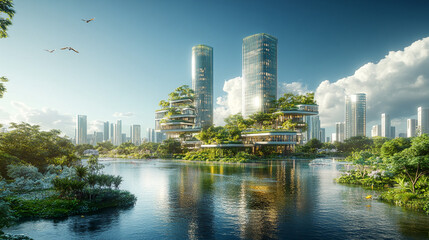 Naklejka premium Modern high-rise buildings integrated with abundant landscaping sit on a lake