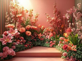 Central empty 3D podium surrounded by Valentine Day-themed jewelry, such as heart-shaped pendants and love knot rings. The background includes romantic lighting and decor. Color Scheme Ruby red and pa