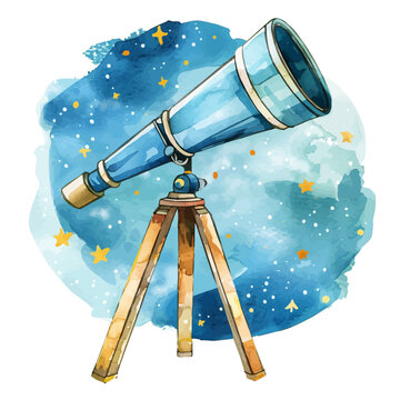 recommend clip art: A watercolor vector of a telescope observing stars in the night sky, isolated on a white background. Telescope observing stars vector.