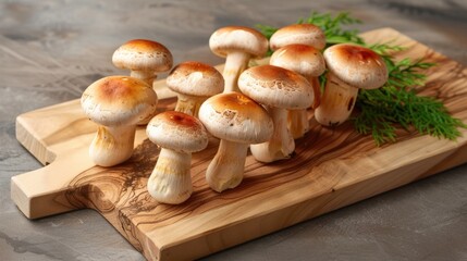Fototapeta premium A variety of mushrooms arranged on a wooden cutting board, perfect for food photography or culinary concepts