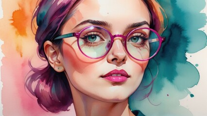 Obraz premium Portrait of a stylish woman with vibrant glasses and watercolor splashes.