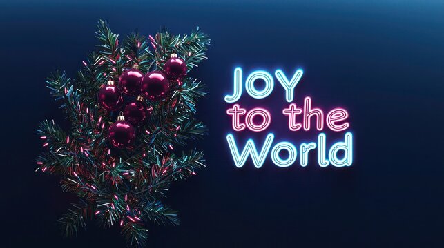 A modern Christmas mistletoe with a neon maroon to neon sky blue gradient glow, softly illuminated on a midnight blue background, featuring "Joy to the World" in bright, festive typography