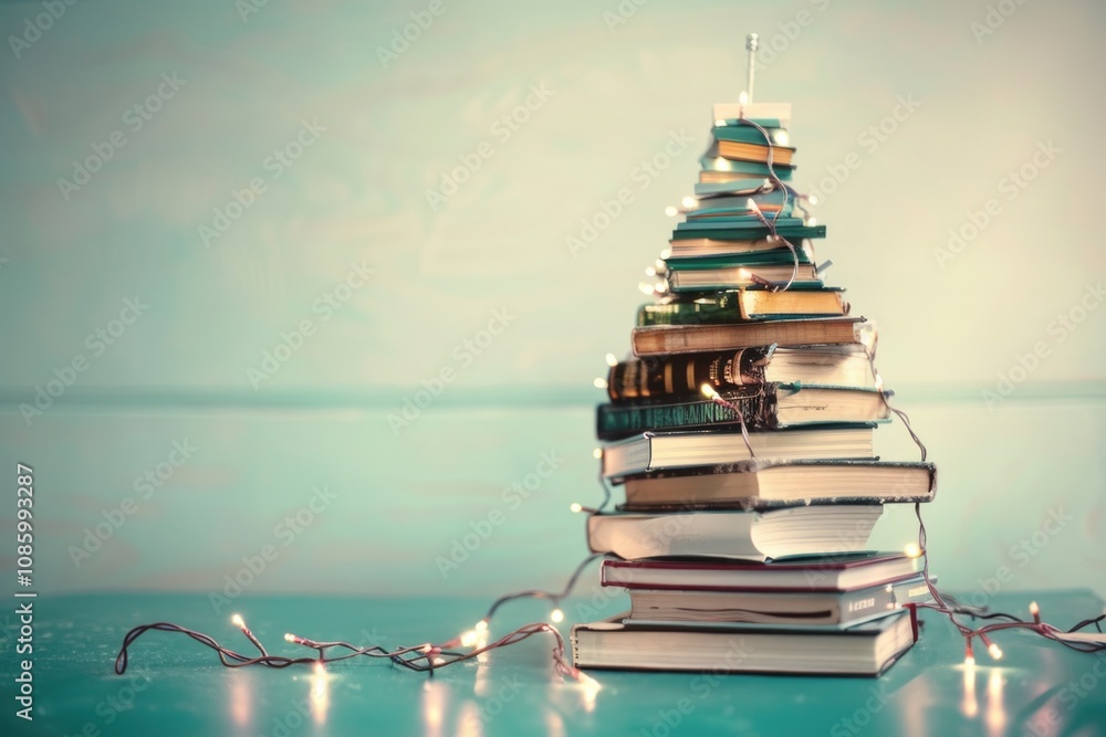 Poster A collection of books stacked on a table, perfect for use in office or library settings