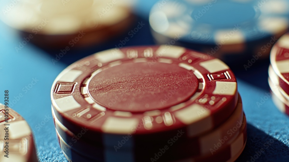 Poster a stack of poker chips stacked neatly on a blue table