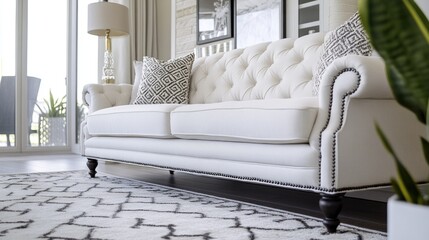 A cozy living room scene featuring a white couch beside a potted plant