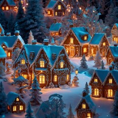 Fototapeta premium A fantastical gingerbread village in the middle of a snowy forest