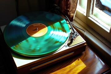 A vintage-style record player sits atop a rustic wooden table, ready for music enthusiasts to spin their favorite tunes