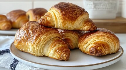 Fototapeta premium Flaky croissants stacked on white plate.