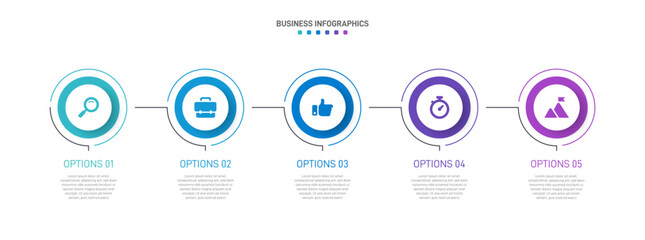 Horizontal progress bar featuring 5 arrow-shaped elements, symbolizing the five stages of business strategy and progression. Clean timeline infographic design template. Vector for presentation