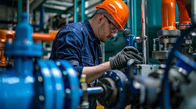 Expert Technician Adjusting a Large Pump in a City Water Purification Facility