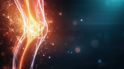 A glowing representation of a knee joint, showcasing vibrant colors and light trails, symbolizing motion and health.
