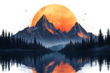 Fototapeta premium Majestic Mountains Reflecting In Calm Lake Underneath Orange Moon