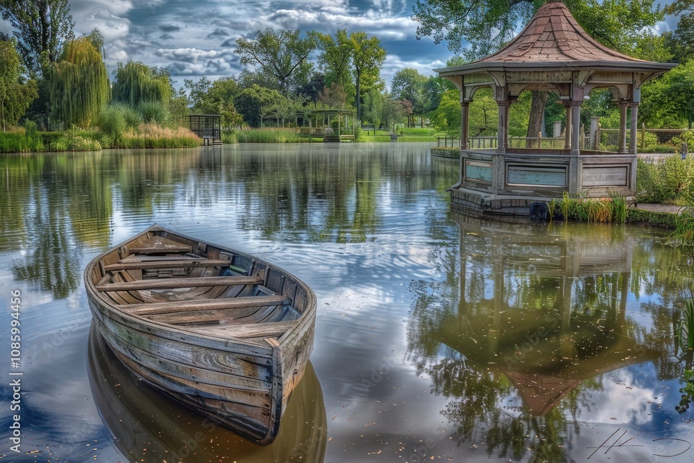 Aufkleber a small boat floating on the surface of a calm lake, surrounded by nature
