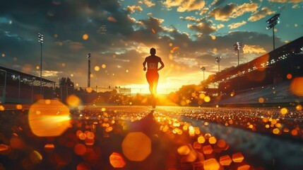 Athlete Silhouette Training at Sunset in Stadium