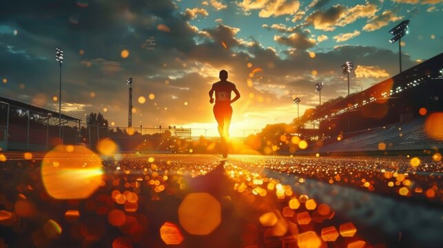Athlete Silhouette Training at Sunset in Stadium