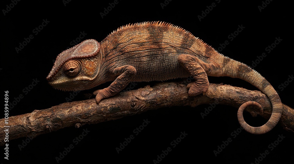Poster detailed close-up of a chameleon on a branch against a dark background showcasing its unique texture
