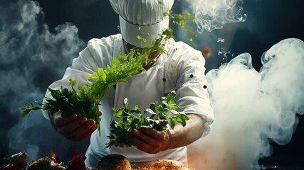Culinary Artistry in Smoke and Steam: A chef, dramatically presented amidst swirling smoke and herbs, showcases culinary passion and skill in a captivating image.