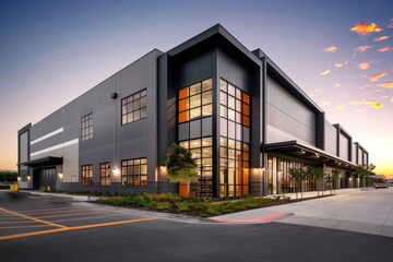 Obraz premium Streamlined Steel Finishes Adorn the Exterior of a Warehouse Office