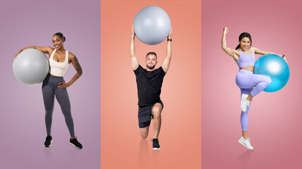 Three individuals engage in various exercises using fitness balls in a vibrant studio. Their energetic poses highlight the versatility of the fitness balls for workout routines.