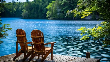 Obraz premium Relaxation Spot: Adirondack Chairs Positioned on Wooden Dock Overlooking Blue Lake