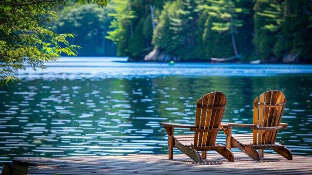 Relaxation Spot: Adirondack Chairs Positioned on Wooden Dock Overlooking Blue Lake