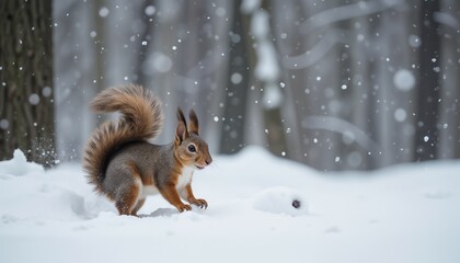 Squirrel playing in snowy forest during snowfall