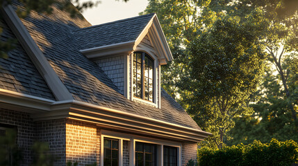 Obraz premium Modern Suburban Home with Brick Facade and Steep Roof Architectural Detail